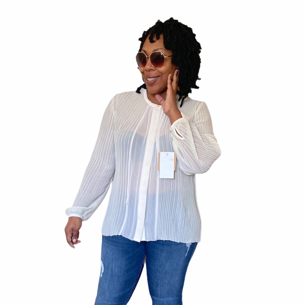 Rachel Roy Blouse Pleated Sheer Button-up NEW